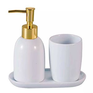 Kit P/ Banheiro Londres de Cerâmica Branco e Dourado 3 Peças Lyor