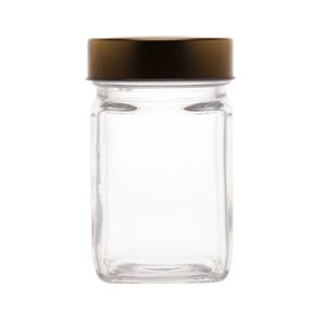 Pote de vidro transparente com tampa de acrílico  dourada 300ml Lyor