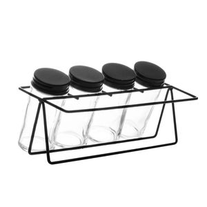 Pote Porta Tempero  4  Peças em Vidro + Suporte em Metal  Lyor