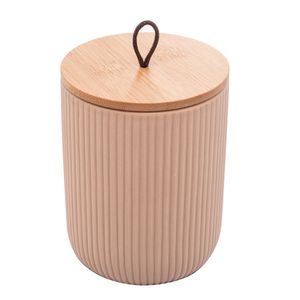 Pote Decorativo de Cerâmica C/Tampa de Bambu C/Pegador de Corda Lines Bege 10x10x12cm Lyor