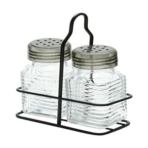Porta Condimentos Sal & Pimenta 2 Peças em Vidro + Suporte em Metal Lyor