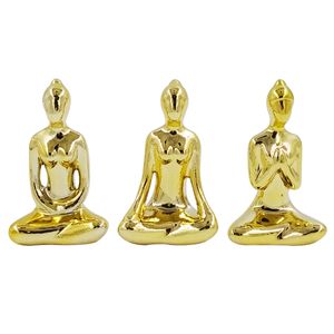 Jogo de Miniatura Yoga 6cm 3 Peças Dourada em Porcelana