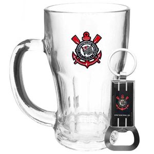 Caneca C/Abridor e Chaveiro Corinthians 450ml em Vidro Mileno