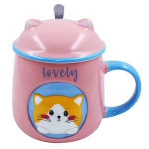 Caneca Gato C/ Colher + Tampa 350ml em Cerâmica BM36