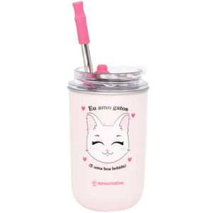 Copo C/ Canudo Eu Amo Gatos 300ml em Inox Zona Criativa