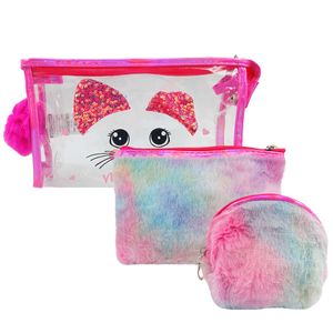 Kit Nécessaire Gato C/ Pompom 3 Peças em Poliéster Interponte