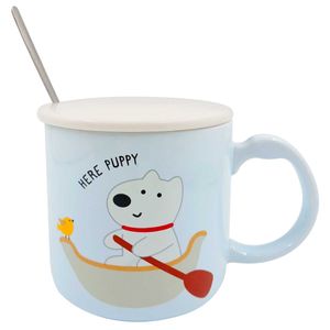 Caneca Cachorro C/ Tampa + Colher 400ml em Cerâmica Lila Cosméticos