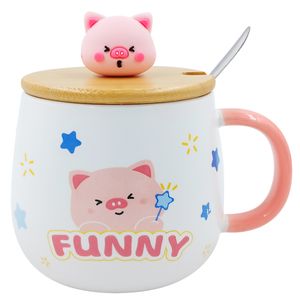 Caneca Porquinho C/ Tampa Bambu 400ml em Cerâmica Lila Cosméticos