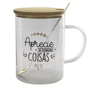 Caneca C/ Tampa Bambu 400ml em Vidro Fu Xing