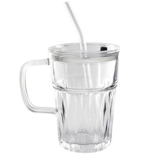 Caneca C/ Tampa + Canudo 330ml em Vidro Fu Xing