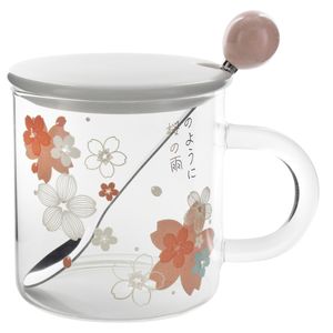 Caneca Sakura C/ Colher 400ml em Vidro Lila Home