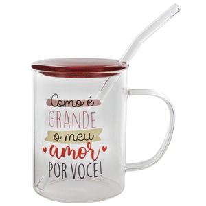 Caneca Amor C/ Tampa + Canudo 430ml em Vidro Fu Xing