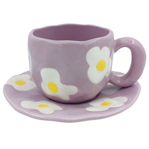 Caneca Flor C/ Pires 300ml em Cerâmica Lila Cosméticos