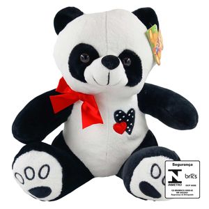 Urso Panda de Pelúcia C/ Laço 28cm em Poliéster Fizzy