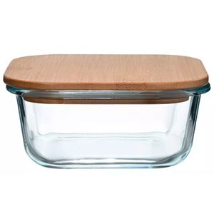 Pote Quadrado C/ Tampa Bambu 320ml em Vidro Top Útil