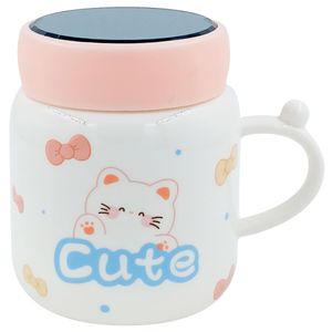 Caneca Gatinho C/ Tampa 460ml em Cerâmica Lila Cosméticos